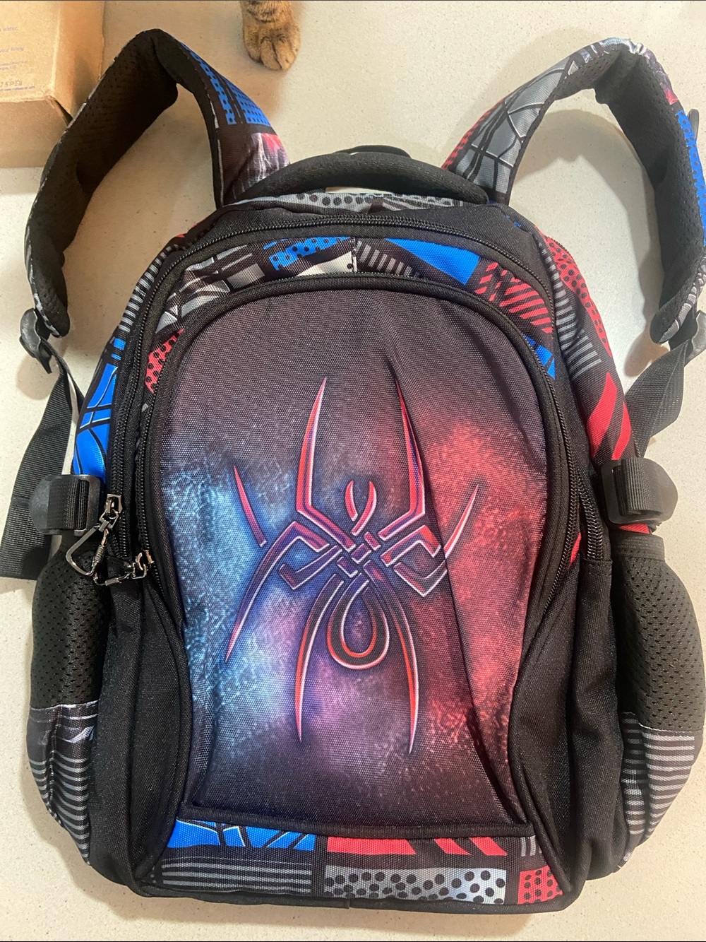 Youth Spider Graphic Backpack - Black with Red & Blue Accents